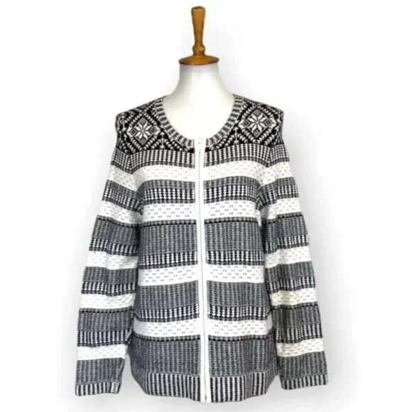 Talbots Fair Isle Nordic Black White Front Zip Round Neck Cardigan Sweater - Picture 2 of 9